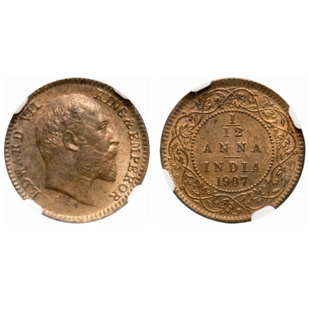 Edward VII, Bronze, 1/12 Anna, 1907, Calcutta Mint, No mint mark. F. Prid # 823. GK 1017. 