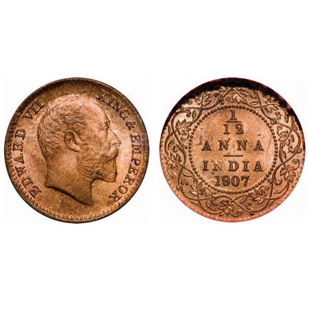 Edward VII, Bronze, 1/12 Anna, 1907, Calcutta Mint, No mint mark. F. Prid # 823. GK 1017. 