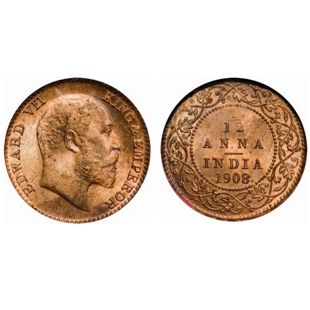 Edward VII, Bronze, 1/12 Anna, 1908, Calcutta Mint, No mint mark. F. Prid # 824. GK 1018.