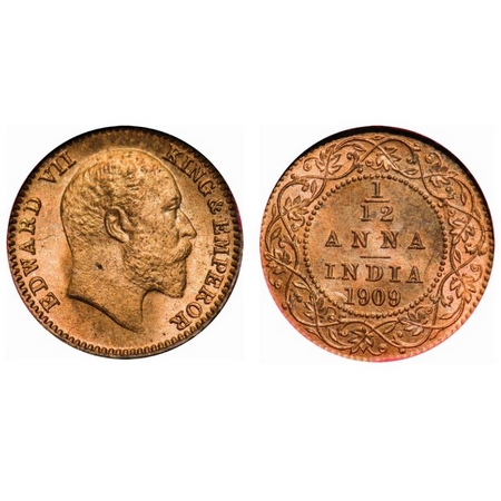 Edward VII, Bronze, 1/12 Anna, 1909, Calcutta Mint, No mint mark. F. Prid # 825. GK 1019. 