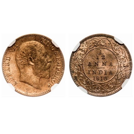 Edward VII, Bronze, 1/12 Anna, 1910, Calcutta Mint, No mint mark. F. Prid # 826. GK 1020. 