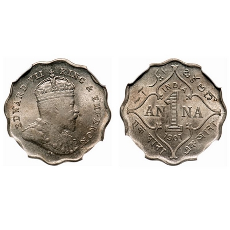 Edward VII, Copper-Nickel, 1 Anna, 1907, Bombay Mint, 'B' incused. F. Prid # 926. GK 990. 