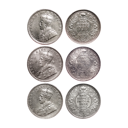 George V, Silver, Rupee (3 slabs), 1911, 1921, 1922, Bombay Mint, Dot. F. Prid # 217, 227,