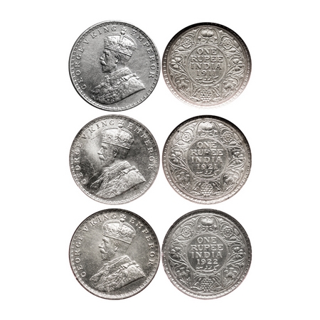 George V, Silver, Rupee (3 slabs), 1911, 1921, 1922, Bombay Mint, Dot. F. Prid # 217, 227,