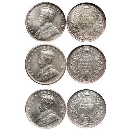 George V, Silver, Rupee (3 slabs), 1912, 1913, 1915, Bombay Mint, Dot. F. Prid # 218, 219,