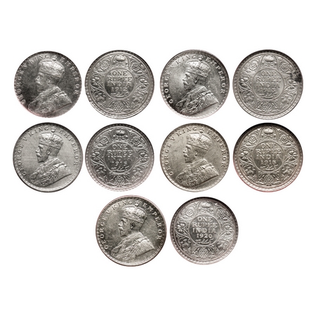 George V, Silver, Rupee (5 slabs), 1912, 1913, 1915, 1918, 1920, Bombay Mint, Dot. F. Prid