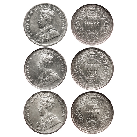 George V, Silver, Rupee (3 slabs), 1913, 1919, 1920, Calcutta Mint, No dot. F. Prid # 209,