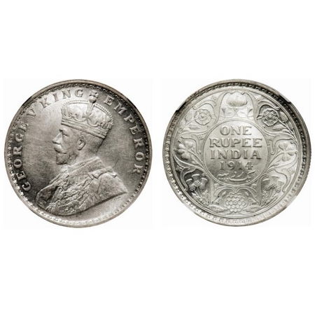 George V, Silver, Rupee, 1914, Calcutta Mint, No dot. F. Prid # 210. GK 1029. NGC Slabbed 