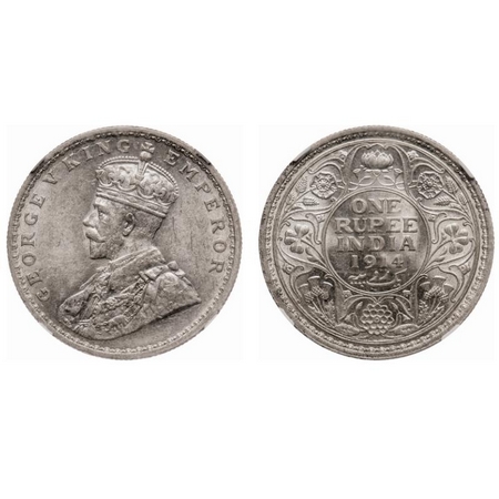 George V, Silver, Rupee, 1914, Calcutta Mint, No dot. F. Prid # 210. GK 1029. NGC Slabbed 