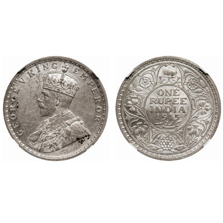George V, Silver, Rupee, 1915, Calcutta Mint, No dot. F. Prid # 211. GK 1031. NGC Slabbed 