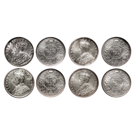 George V, Silver, Rupee (4 slabs), 1917, 1918, 1919, 1920, Bombay Mint, Dot, (1917, Ghost 