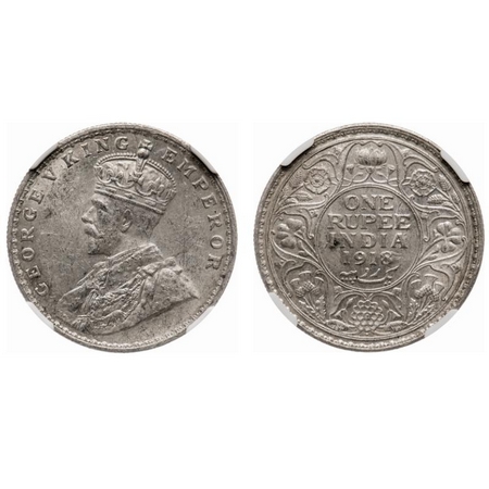 George V, Silver, Rupee, 1918, Bombay Mint, Dot. F. Prid # 224. GK 1038. NGC Slabbed MS 61
