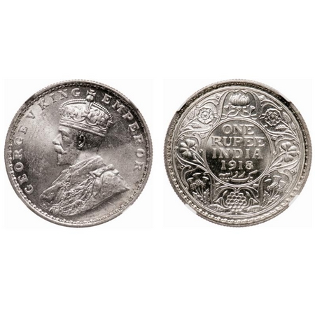 George V, Silver, Rupee, 1918, Bombay Mint, Dot. F. Prid # 224. GK 1038. NGC Slabbed MS 64