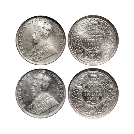 George V, Silver, Rupee (2 slabs), 1919, Calcutta Mint, No dot, Bombay Mint, Dot. F. Prid