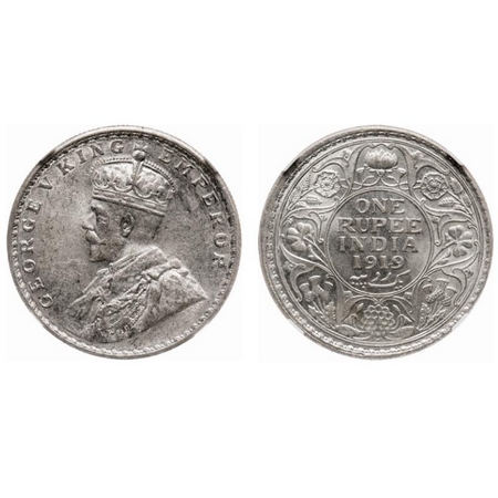 George V, Silver, Rupee, 1919, Bombay Mint, Dot. F. Prid # 225. GK 1040. NGC Slabbed MS 62