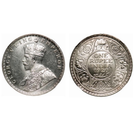 George V, Silver, Rupee, 1920, Calcutta Mint, No dot. F. Prid # 216. GK 1041. NGC Slabbed 