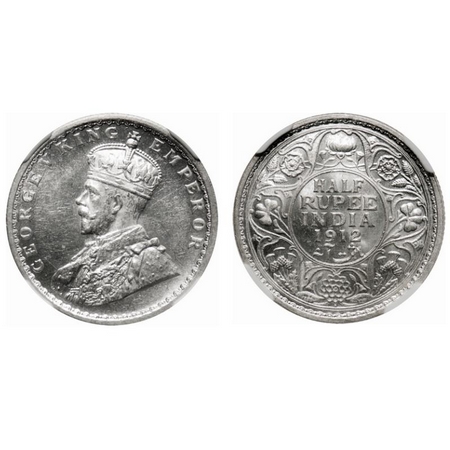 George V, Silver, Half Rupee, 1912, Bombay Mint, Dot. F. Prid # 336. GK 1047. NGC Slabbed 