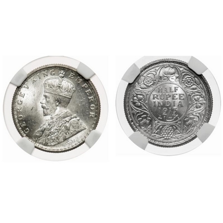 George V, Silver, Half Rupee, 1913, Calcutta Mint, No dot. F. Prid # 320. GK 1048. NGC Sla
