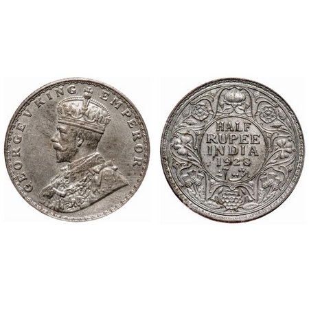 George V, Silver, Half Rupee, 1928, Bombay Mint, Dot. F. Prid # 349. GK 1070. NGS Slabbed 