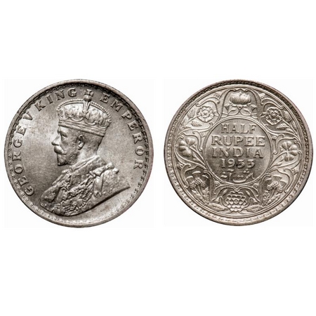 George V, Silver, Half Rupee, 1933, Calcutta Mint, No dot. F. Prid # 333. GK 1073. NGS Sla