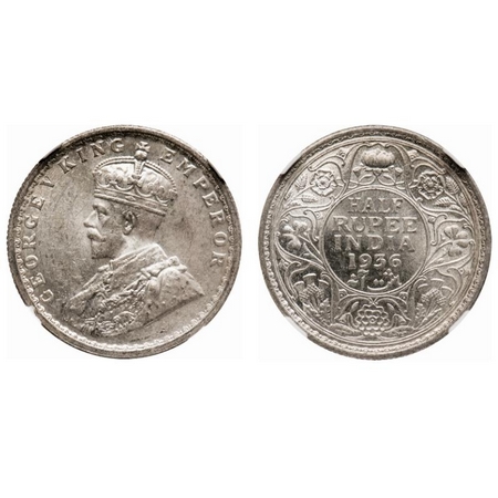 George V, Silver, Half Rupee, 1936, Calcutta Mint, No dot. F. Prid # 335. GK 1075. NGC Sla