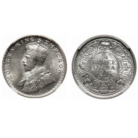 George V, Silver, 1/4 Rupee, 1912, Bombay Mint, Dot, Re-drawn Elephant. F. Prid # 454. GK 
