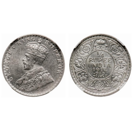 George V, Silver, 1/4 Rupee, 1917, Calcutta Mint, No dot. F. Prid # 446. GK 1090. NGC Slab