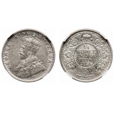 George V, Silver, 1/4 Rupee, 1918, Calcutta Mint, No dot. F. Prid # 447. GK 1091. NGC Slab