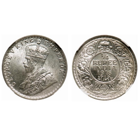 George V, Silver, 1/4 Rupee, 1918, Calcutta Mint, No dot. F. Prid # 447. GK 1091. NGC Slab