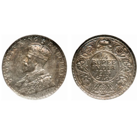 George V, Silver, 1/4 Rupee, 1918, Calcutta Mint, No dot. F. Prid # 447. GK 1091. NGC Slab