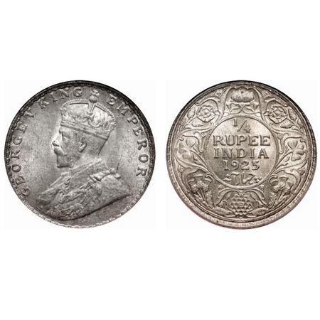 George V, Silver, 1/4 Rupee, 1925, Bombay Mint, Dot. F. Prid # 458. GK 1093. NGS Slabbed M