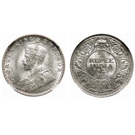 George V, Silver, 1/4 Rupee, 1925, Bombay Mint, Dot. F. Prid # 458. GK 1093. NGC Slabbed M