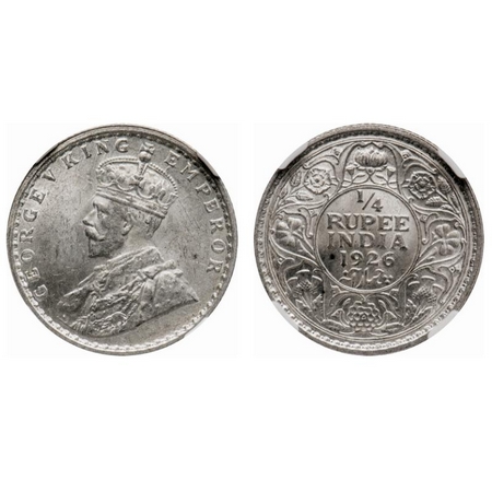 George V, Silver, 1/4 Rupee, 1926, Calcutta Mint, No dot. F. Prid # 449. GK 1094. NGC Slab