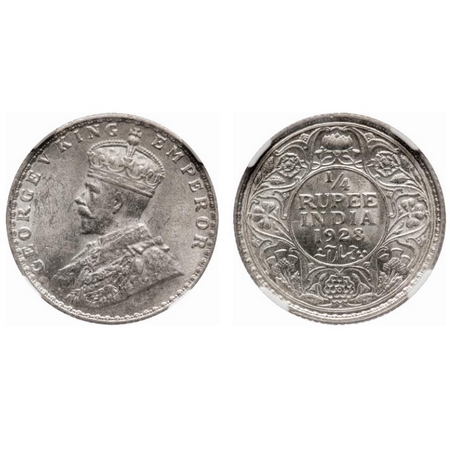 George V, Silver, 1/4 Rupee, 1928, Bombay Mint, Dot. F. Prid # 459. GK 1095. NGC Slabbed M