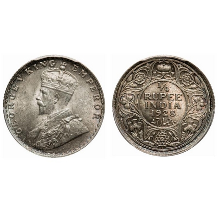 George V, Silver, 1/4 Rupee, 1928, Bombay Mint, Dot. F. Prid # 459. GK 1095. PCGS Slabbed 
