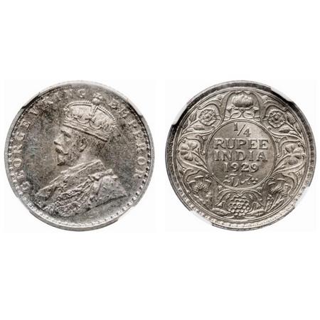 George V, Silver, 1/4 Rupee, 1929, Calcutta Mint, No dot. F. Prid # 450. GK 1096. NGC Slab