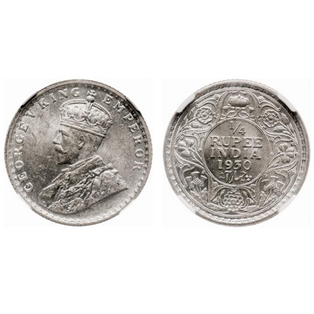 George V, Silver, 1/4 Rupee, 1930, Calcutta Mint, No dot. F. Prid # 451. GK 1097. NGC Slab