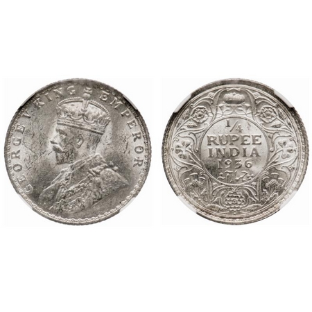 George V, Silver, 1/4 Rupee, 1936, Bombay Mint, Dot. F. Prid # 460. GK 1100. NGC Slabbed M