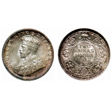 George V, Silver, 2 Annas, 1912, Bombay Mint, Dot, Re-drawn Elephant. F. Prid # 571. GK 11
