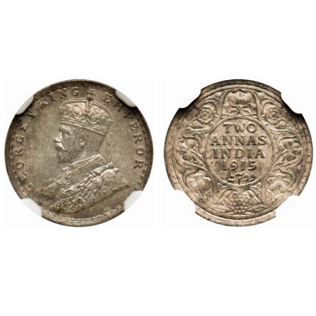 George V, Silver, 2 Annas, 1915, Bombay Mint, Dot. F. Prid # 574. GK 1115. NGC Slabbed MS 