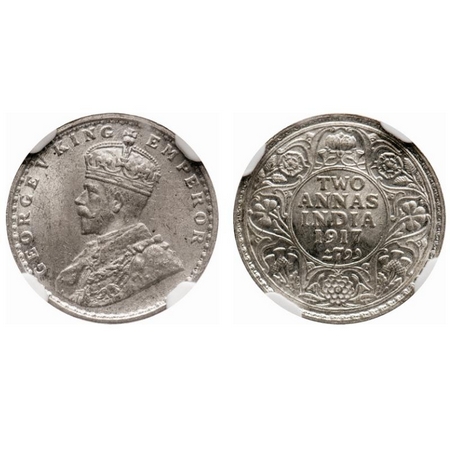 George V, Silver, 2 Annas, 1917, Calcutta Mint, No dot. F. Prid # 570. GK 1117. NGC Slabbe