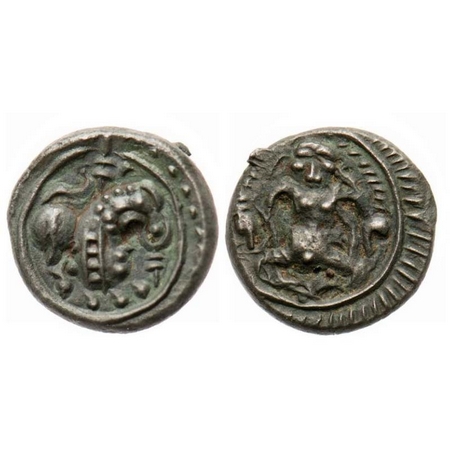 Post Vakataka, Vishnukundin, Copper Base Alloy, 2.94g, Obv: Lion (with gaping mouth and cu