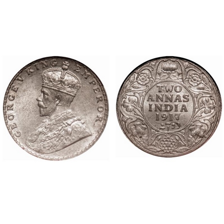 George V, Silver, 2 Annas, 1917, Calcutta Mint, No dot. F. Prid # 570. GK 1117. NGS Slabbe