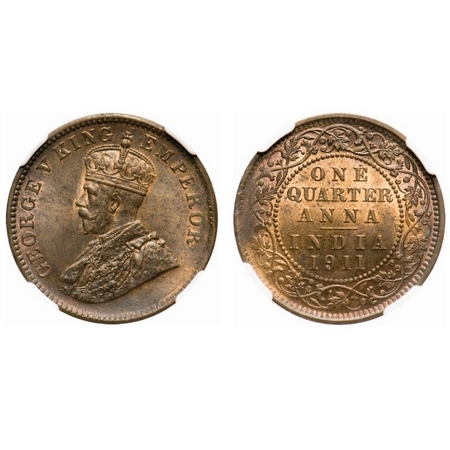 George V, Bronze, Quarter Anna, 1911, Calcutta Mint, No dot, Pig type. F. Prid # 656. GK 1