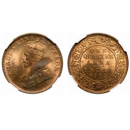 George V, Bronze, Quarter Anna, 1912, Calcutta Mint, No dot. F. Prid # 658. GK 1172. NGC S