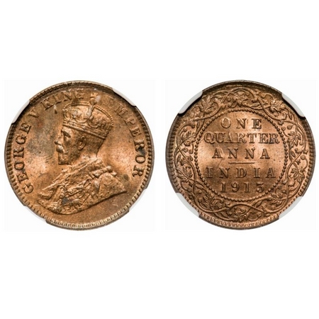 George V, Bronze, Quarter Anna, 1913, Calcutta Mint, No dot. F. Prid # 659. GK 1173. NGC S