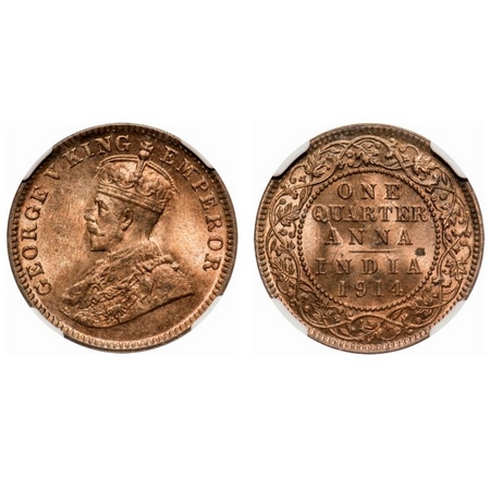 George V, Bronze, Quarter Anna, 1914, Calcutta Mint, No dot. F. Prid # 660. GK 1174. NGC S