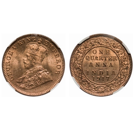 George V, Bronze, Quarter Anna, 1917, Calcutta Mint, No dot. F. Prid # 662. GK 1176. NGC S