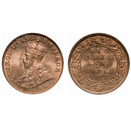 George V, Bronze, Quarter Anna, 1917, Calcutta Mint, No dot. F. Prid # 662. GK 1176. PCG S