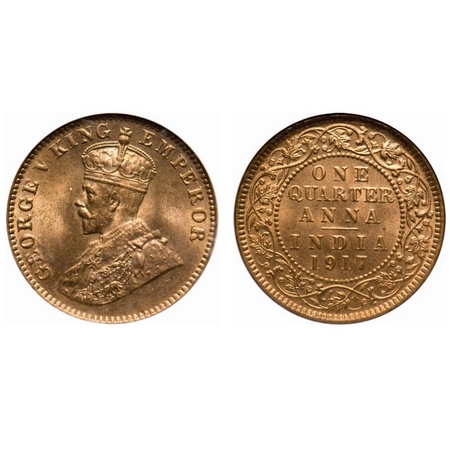 George V, Bronze, Quarter Anna, 1917, Calcutta Mint, No dot. F. Prid # 662. GK 1176. PCG S